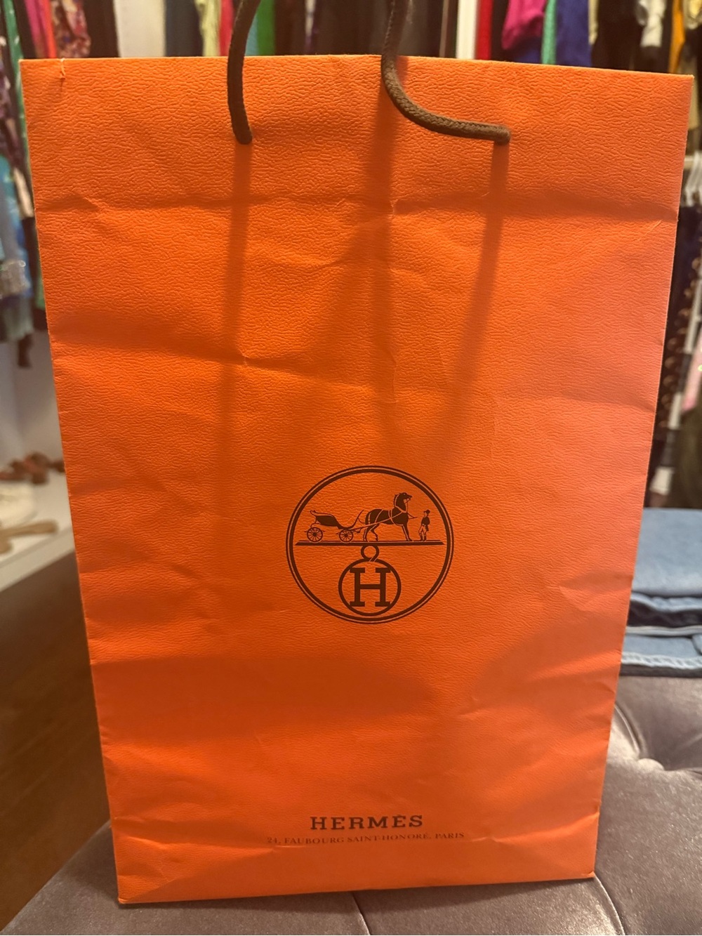 Hermes Orange Logo Paper Shopping Bag with Dark Handles